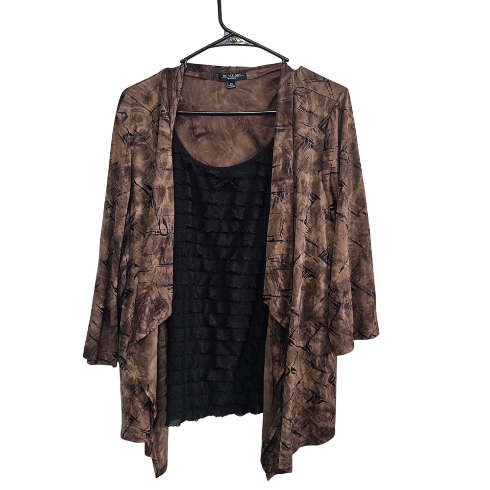 Notations Woman 2X Brown Black Abstract‎ Cardigan Ruffle Tank Top 2 Piece Set